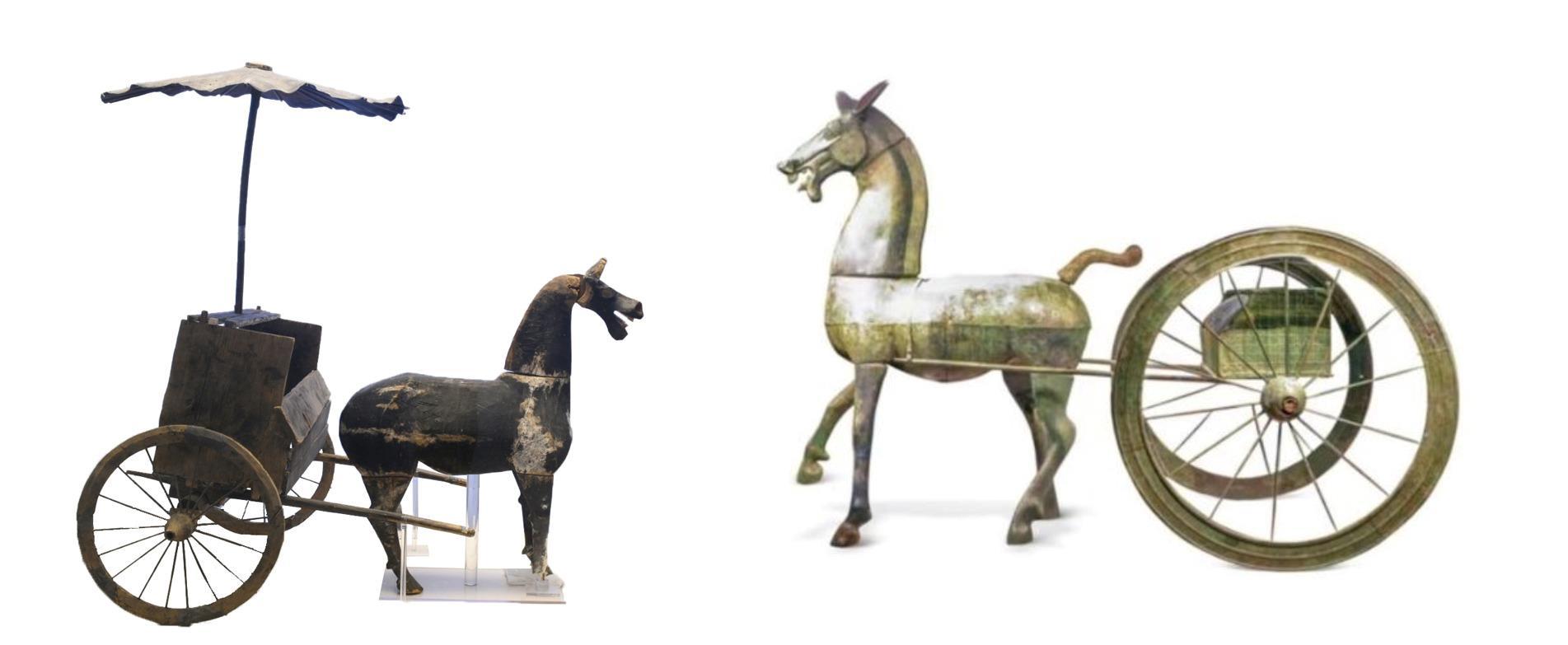 △左為漢代木軺車，藏于青海省博物館；右為東漢銅車馬，藏于黔西南州博物館。