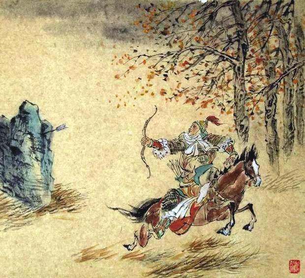 “林暗草驚風(fēng)，將軍夜引弓。”畫作